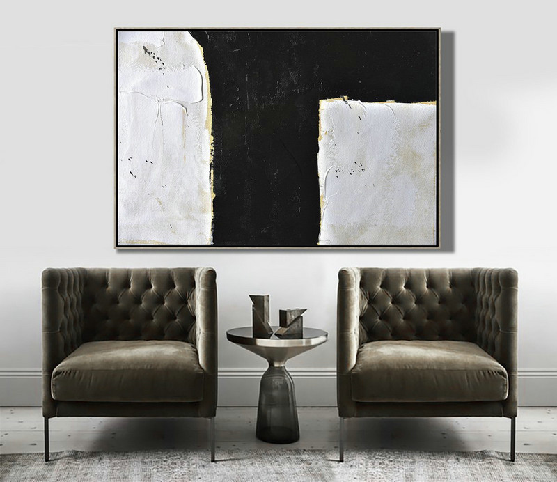 Big Art Canvas,Horizontal Palette Knife Minimal Canvas Art Painting Black White Beige - Hand Painted Aclylic Painting On Canvas